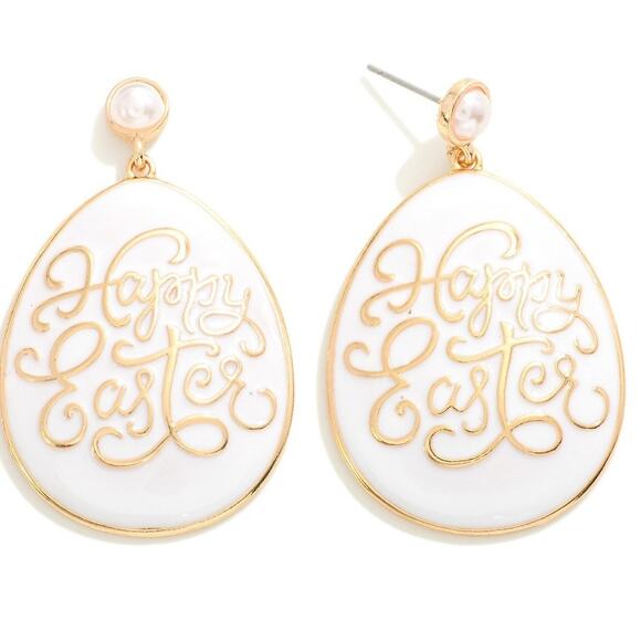 White Enamel Coated Happy Easter Egg Drop Earrings With Pearl Post - Picture 1 of 3